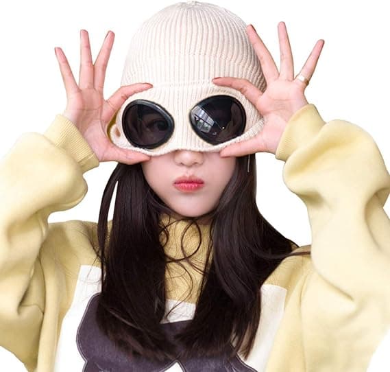 Unisex Goggle Beanie Stickad Vinter Chunky Beanie Hatt White