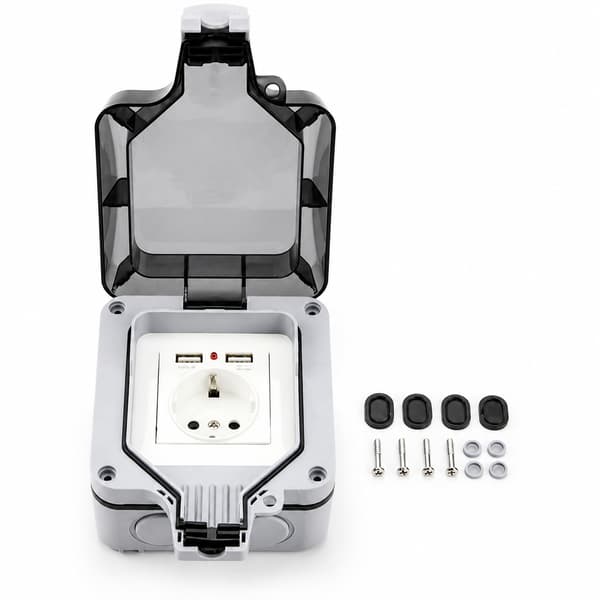 Vanntett veggkontakt med deksel, med 2 USB-porter Grå Grey
