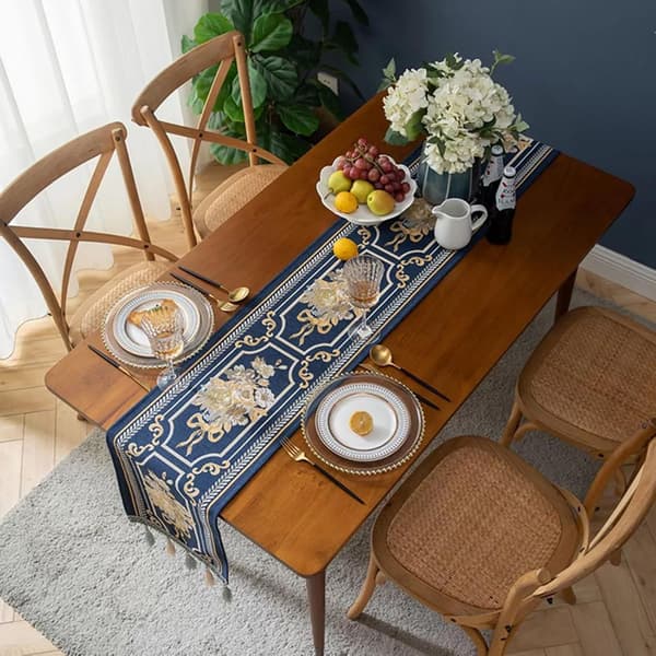 Luksuriøs bordløper med multi-dusker, lang elegant brodert jacquard bordløper kommode skjerf (Blå, 14x55 tommer)