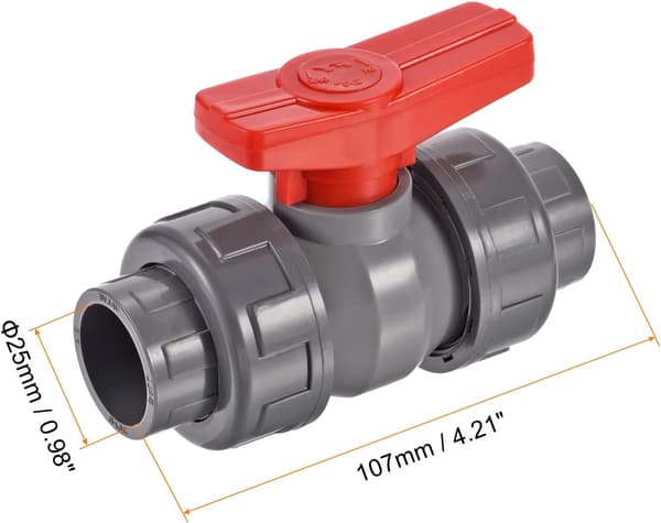 Dubbel union kulventil, 25 mm innerdiameter, 2-pack, PVC push-fit avstängningsventil, grå