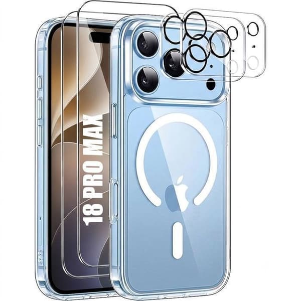 Beskyttelse til iPhone 18 Pro Max, støtsikker med magnetisk ring - 2 herdet glass - 2 kamerabeskyttelse Transparent
