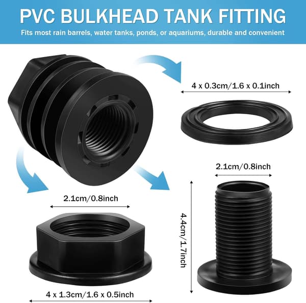 Dobbelt gevind PVC skot fitting, vandtank connector til regnvandsopsamlingssystemer, swimmingpools, sort.