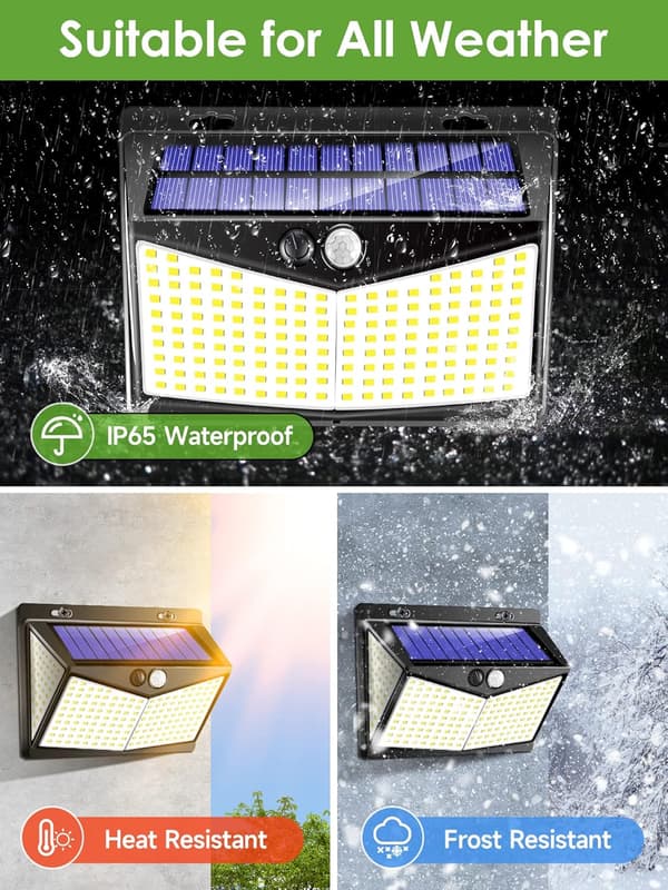 Utendørs solcellelampe, 208 LED, 1200 lumen, 3 moduser, bevegelsessensor