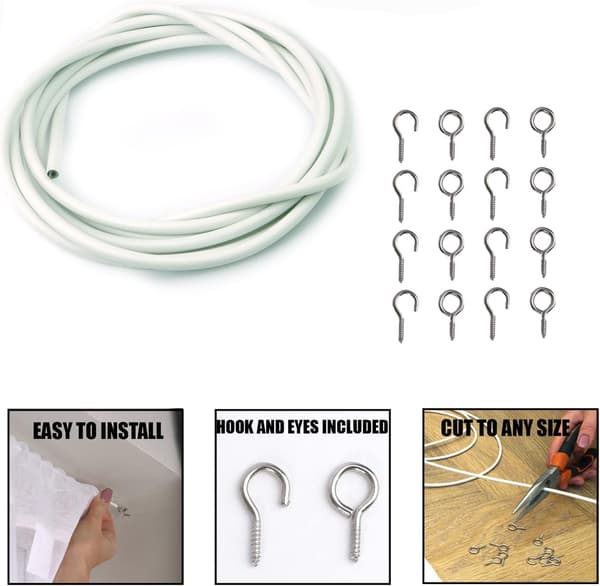 Hvit metallkabel for gardinkapper med 8 kroker og 8 maljer (3 meter kabel + 8 kroker + 8 maljer)
