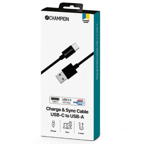USB-A til USB-C Kabel 2m Sort