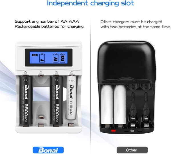 LCD Hurtig Batterioplader, 4 Slots Universal Oplader til AA/AAA Batterier, til 4 Ni-MH/Ni-CD Batterier (USB Port)