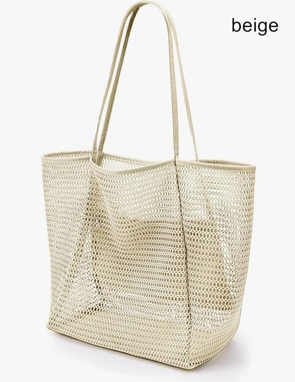 Sammenleggbar strandveske, nettingveske for kvinner Beige