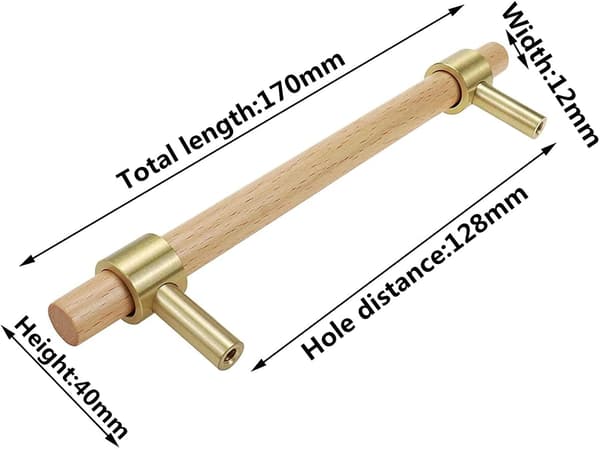 Møbelgreb i træ, 6 stk. Trægreb - træskabsgreb - træ køkkenskabsgreb. Hulafstand 128mm.