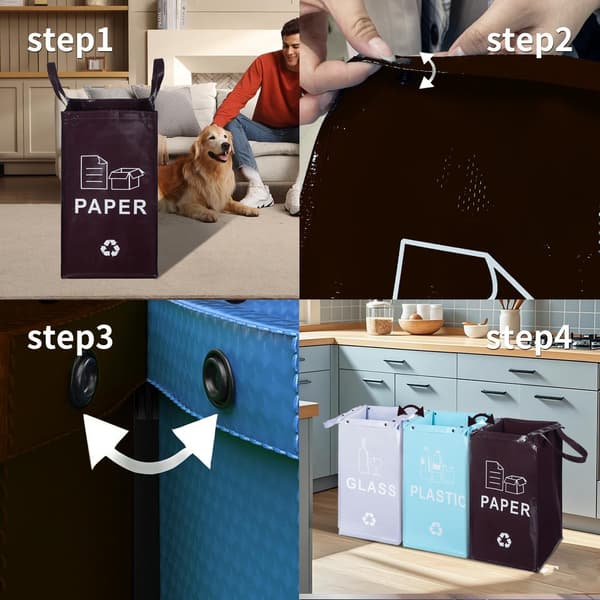 Resirkuleringspose, sammenleggbare sorteringssekker for papir, plast, glass | Forsterkede bærehåndtak (grå) gray