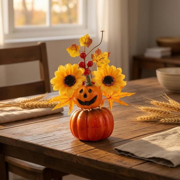 Konstgjord pumpa-mittpunkt, rustikt blomsterarrangemang med lönnlöv (A) A