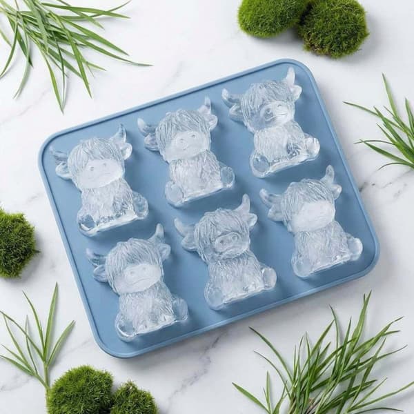 Høylandsfe isform 3D isbitform for drinker og baking – 6-hulls silikonform, gjenbrukbar flerfarget, EU-designpatent Blå Blue