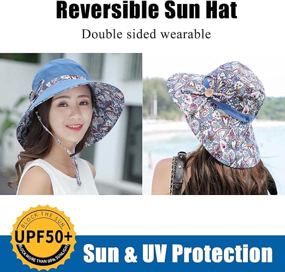 Dame Solhat UPF50+ Sommer Foldbar Strand Vendbar Hat Udendørs Bredskyggede Kasket Blue