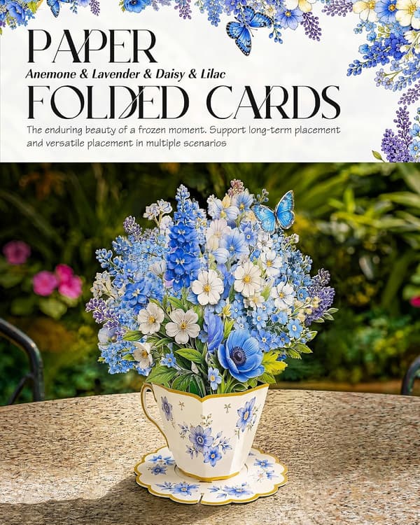 4 stk. Pop Up Blomsterbuketkort til kvinder, mor, kone, blå blue