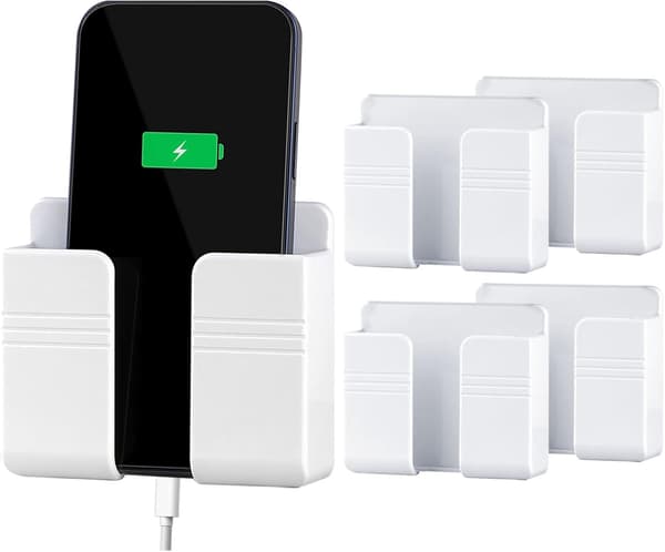 Sæt med 4 vægmonterede telefonholdere, med hul til datakabel og klæbemiddel. (Hvid)