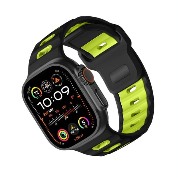 Stilfuld silikonerem til Apple Watch 42/44/45/46/49mm Sort+Grøn Black+Green