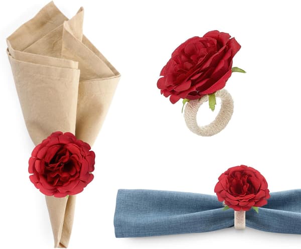 Blomster Servietringe Sæt, 6 Stykker Håndlavede Rose Blomster Servietringe, Bordpynt til Middagsbordet, Servietholder Red