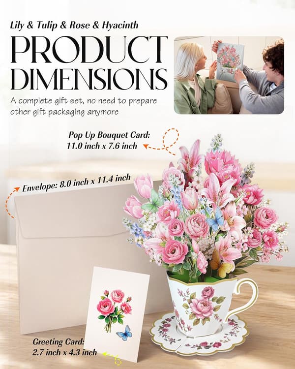 4 stk. Pop Up Blomsterbuketkort til kvinder, mor, kone, lyserød pink