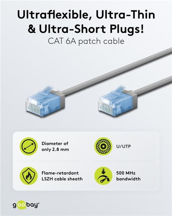 Ultrafleksibel patchkabel CAT 6A, slank, U/UTP, grå