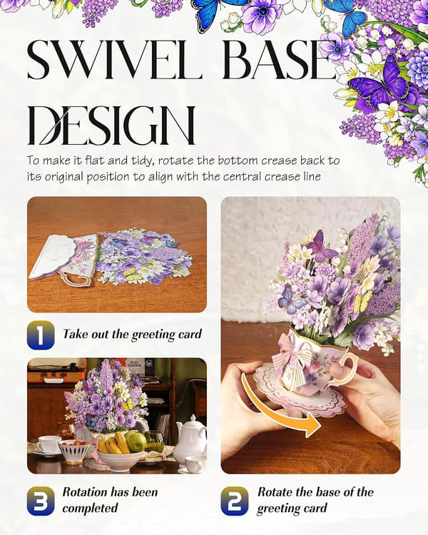 4 stk. Pop Up Blomsterbuketkort til kvinder mor kone, lilla purple