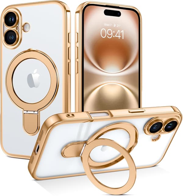iPhone 16 Deksel [Kompatibelt med Magsafe], Usynlig Ringstativ Klar Bakside Støtsikkert Deksel, Desert Titanium