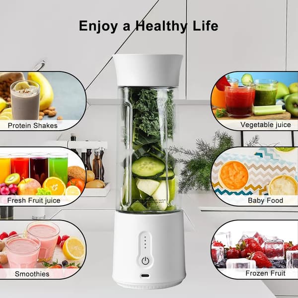 Bærbar blender, mini smoothieblender, bærbar juiceblender med 6 blader og USB-C oppladbart batteri