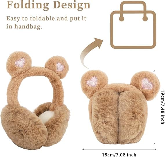 Sammenfoldelige og varme vinterørekopper med tegneseriemønstre, bløde og fluffy bjørneformede ørekopper (khaki).