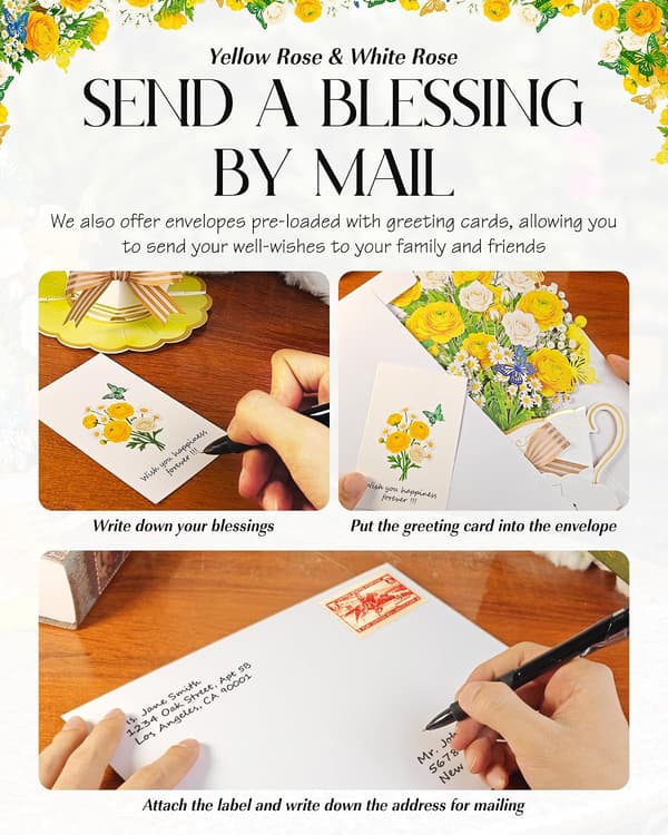 4 stk. Pop-Up Blomsterbuketkort til Kvinder Mor Hustru, Gul yellow