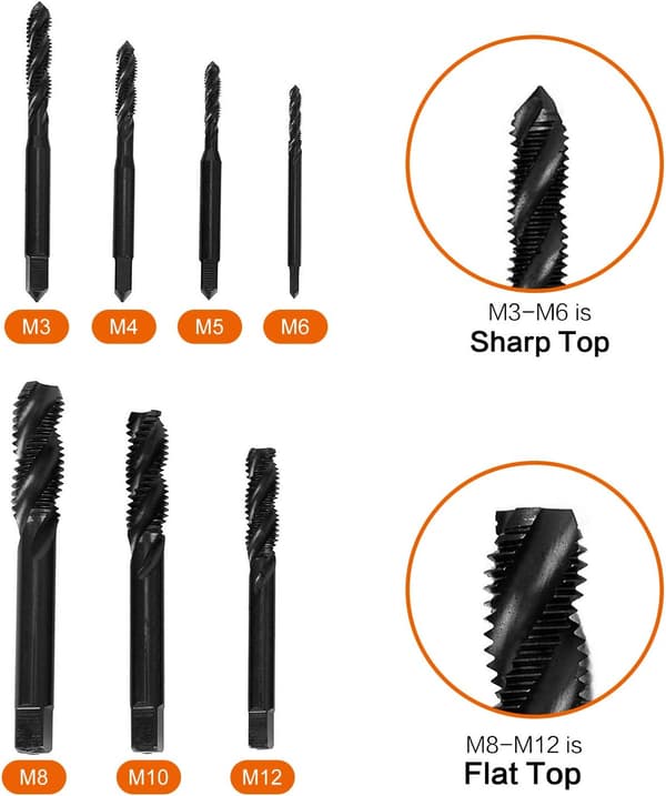 Set med 7 nitrerade spiralgängtappar, HSS 6542 koniska skafttappar, storlekar M3, M4, M5, M6, M8, M10, M12.
