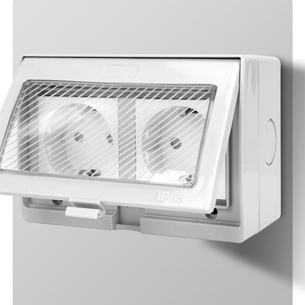 2-facks Schuko-kompatibel vattentät utomhusbox i grå PC+ABS, djup kabelbox, snäpplock med fjäderförsegling