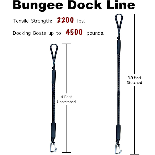 Elastisk fortøjningstov med krog, sort, til båd, pakke med 2, 1,2 m (4 ft), sort