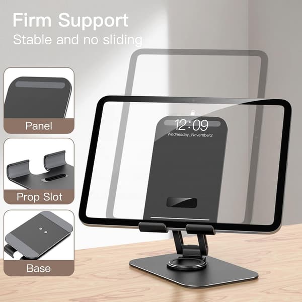 Desktop tablet stander, justerbar drejestander, foldbar bærbar holder til 4-13 tommer tablets (sort)