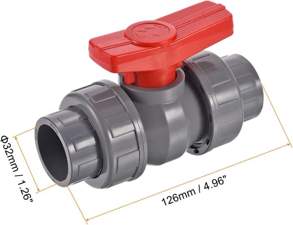 Dubbel union kulventil, 32 mm innerdiameter, 2-pack, PVC push-fit avstängningsventil, grå