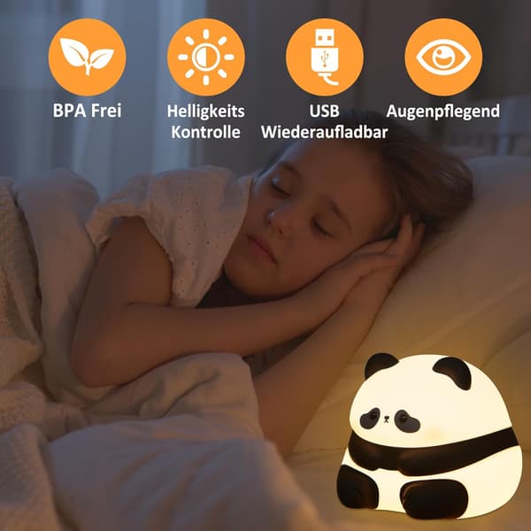 Panda Natlampe til Børn, Genopladelig Dæmpbar LED Touch Lampe med Timer, Blød Silikone Sengelampe til Børneværelset