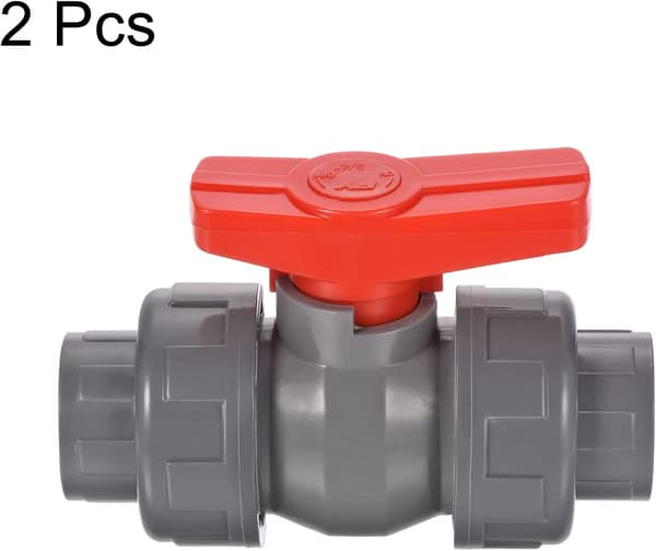 Dubbel union kulventil, 25 mm innerdiameter, 2-pack, PVC push-fit avstängningsventil, grå