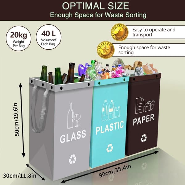 Resirkuleringspose, sammenleggbare sorteringssekker for papir, plast, glass | Forsterkede bærehåndtak (grå) gray