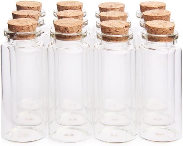 Mini 30 ml glasburkar (3 cm x 7 cm) med kork och träproppar, önskeflaskor/meddelandeflaskor (12 stycken)