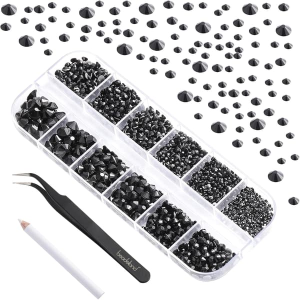 Sorte Flatback Rhinestones, Flatback Ædelstene Runde Sorte Krystal Rhinestones til Neglekunst Blandede 6 Størrelser (Sort)