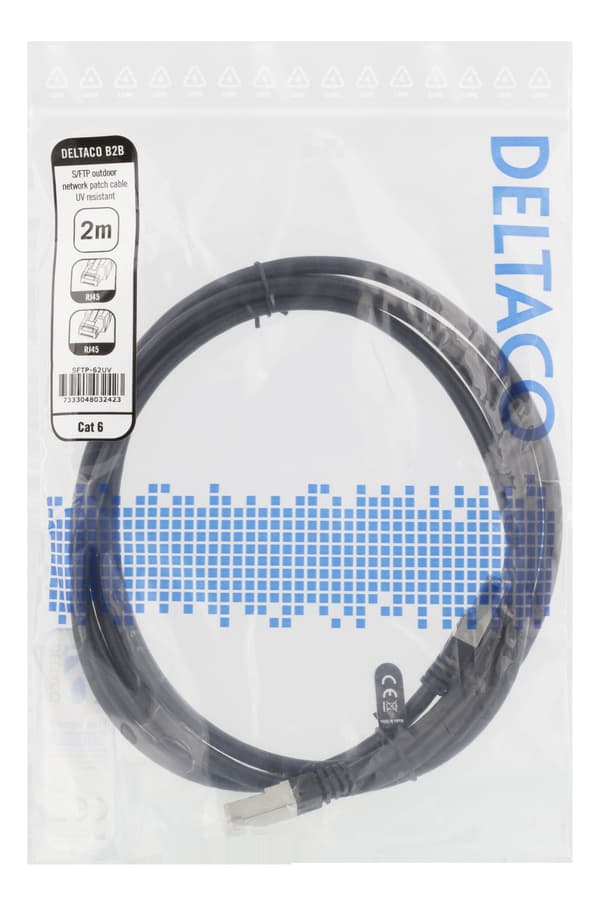 S/FTP Cat6 patchkabel, 2m, 250MHz, UV-bestandig, svart