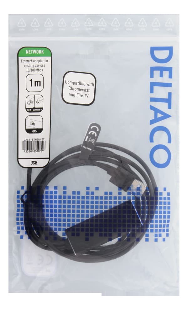 Ethernet-sovitin, heijastuslaite, 1 m, 100 Mbps, USB-A + USB MicroB