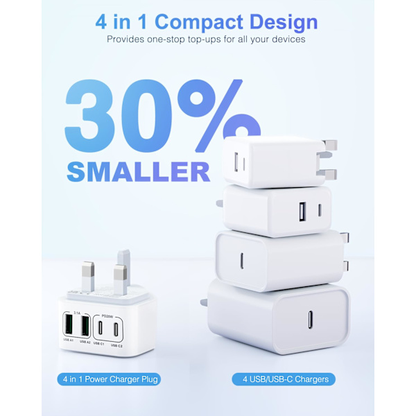 40W USB C Plugg Hurtiglading, UK 4-Port Multi USB Lader Plugg Hurtigladeplugg