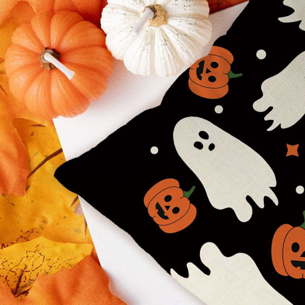 Halloween linned pudebetræk - 45 x 45 cm - Spøgelse græskar mønster - Til hjemme- eller sofapynt