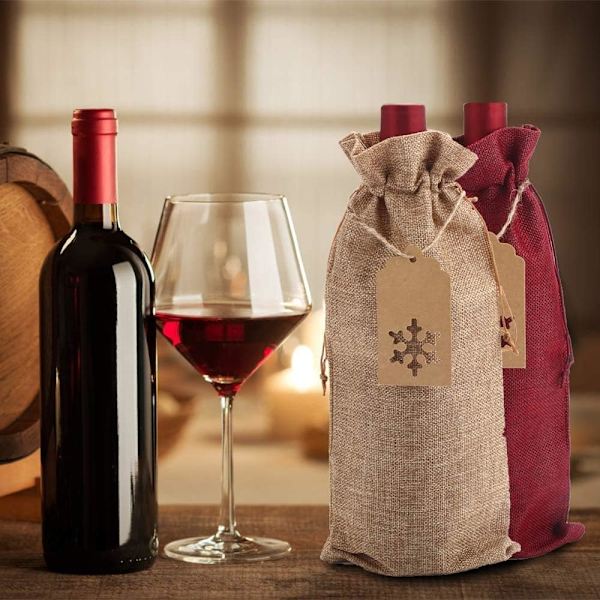 Presentpåsar för vinflaskor i jute, set med 12 jutepåsar för vinflaskor med dragsko