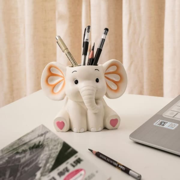 Hvit elefant penn blyantholder, elefantformet blyantholder, harpiks blyantholder, markør børsteholdere skrivebordsorganisering white