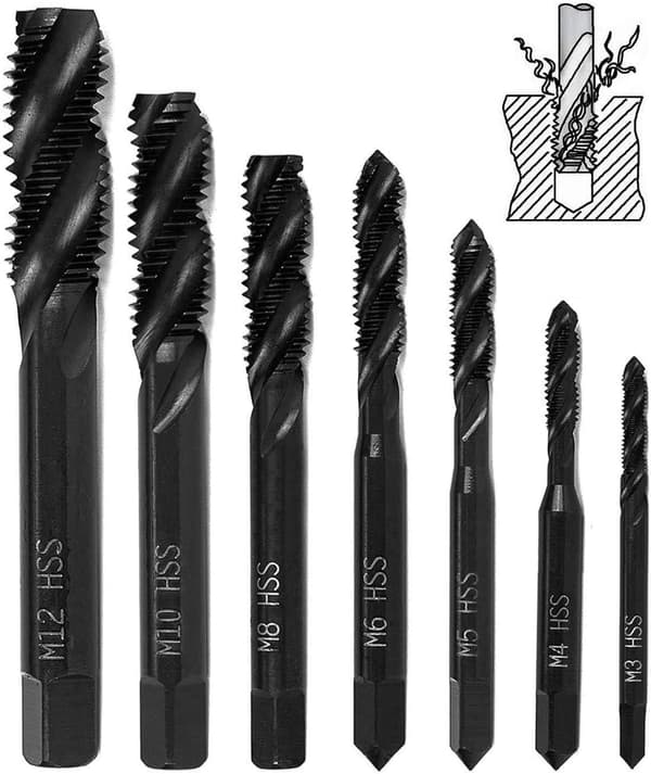 Set med 7 nitrerade spiralgängtappar, HSS 6542 koniska skafttappar, storlekar M3, M4, M5, M6, M8, M10, M12.