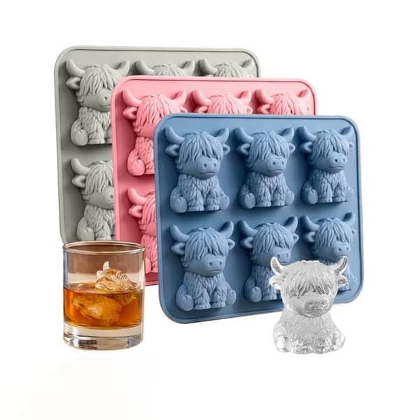 Høylandsfe isform 3D isbitform for drinker og baking – 6-hulls silikonform, gjenbrukbar flerfarget, EU-designpatent Grå Gray