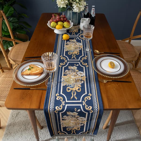 Luksuriøs bordløper med multi-dusker, lang elegant brodert jacquard bordløper kommode skjerf (Blå, 14x55 tommer)