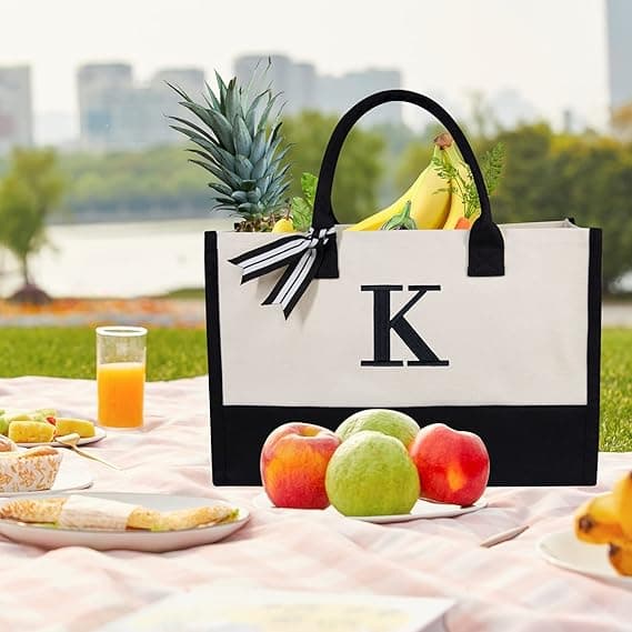 Personlig Canvas Strandväska med Initialer, Monogrammerad Presentväska för Kvinnor Style 2