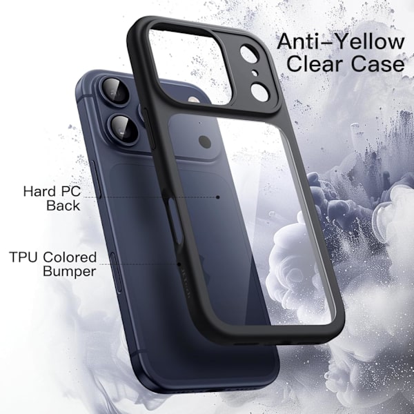 Etui til iPhone 17 Pro 6,3 tommer, Stødsikkert telefoncover, Solid mat TPU-ramme, Ridsefast klar bagside (Sort)