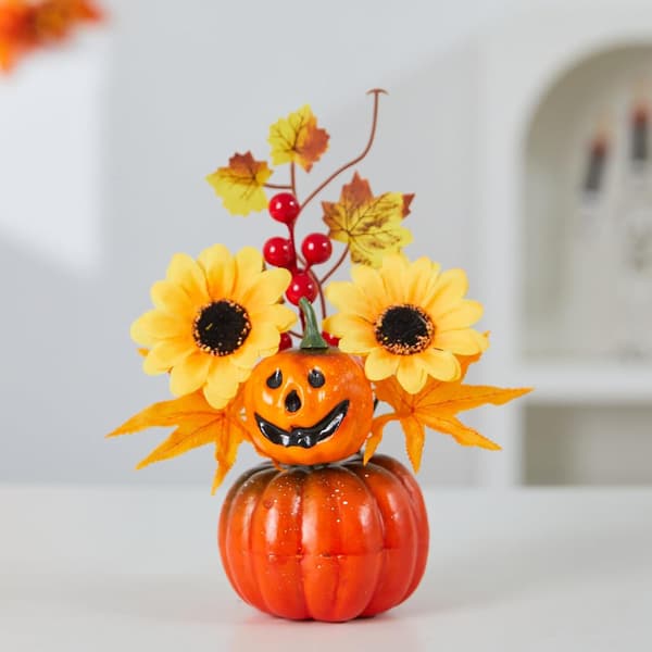 Konstgjord pumpa-mittpunkt, rustikt blomsterarrangemang med lönnlöv (A) A
