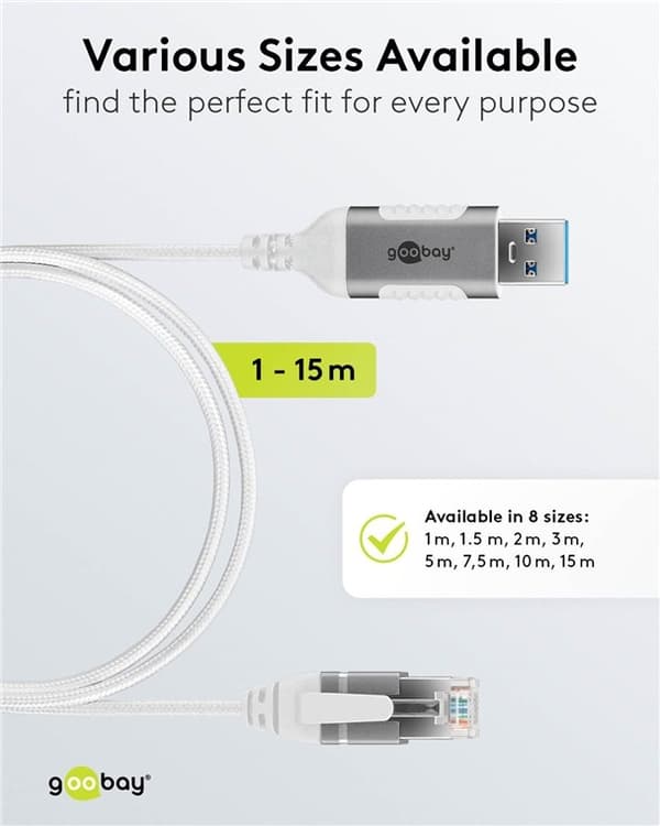 Ethernet-kabel USB-A 3.0 til RJ45, slank, 5 m